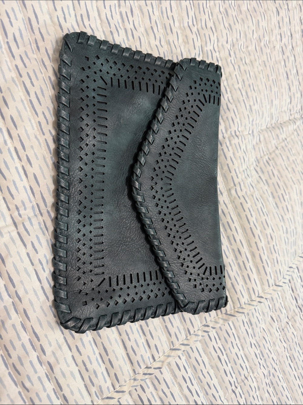 Black Perforated Leather Envelope Clutch